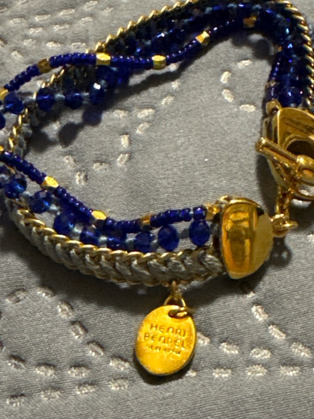 Henri Bendel Blue Beaded Multi Strand Bracelet Gold Tone Toggle Boho Layered